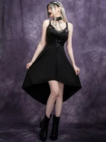 Gothic Lace Up Front Corset Detail High Low Hem Dress - Black - View 3