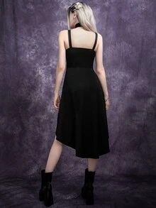 Gothic Lace Up Front Corset Detail High Low Hem Dress - Black - View 4
