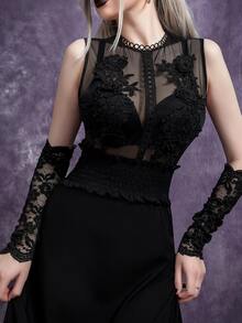 Vestido gótico con encaje en contraste de malla transparente bajo con fruncido con 1 par Mangas de brazo - Negro - Ver 3
