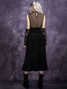 Vestido gótico con encaje en contraste de malla transparente bajo con fruncido con 1 par Mangas de brazo - Negro - Ver 2
