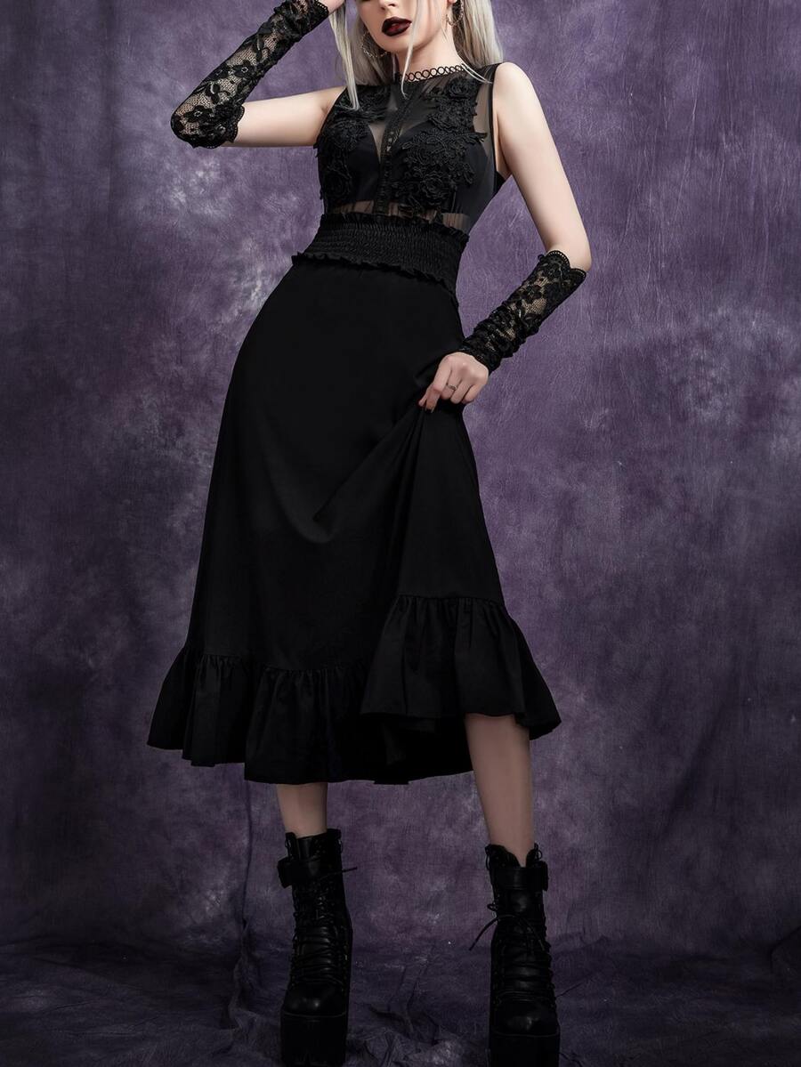 Vestido gótico con encaje en contraste de malla transparente bajo con fruncido con 1 par Mangas de brazo - Negro - Ver 1