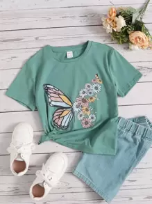 SHEIN Tween Girl Casual Short Sleeve Round Neck T-Shirt With Butterfly & Daisy Print - Mint Green - View 1