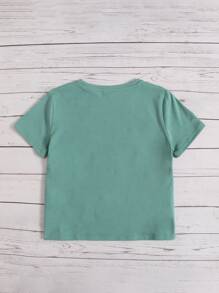 SHEIN Tween Girl Casual Short Sleeve Round Neck T-Shirt With Butterfly & Daisy Print - Mint Green - View 2