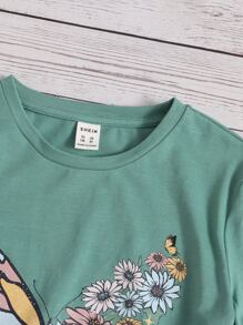 SHEIN Tween Girl Casual Short Sleeve Round Neck T-Shirt With Butterfly & Daisy Print - Mint Green - View 3