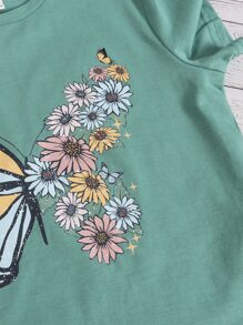 SHEIN Tween Girl Casual Short Sleeve Round Neck T-Shirt With Butterfly & Daisy Print - Mint Green - View 4
