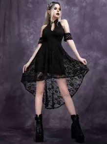 Gothic Tie Back Off Shoulder High Low Hem Lace Dress - Black - View 1