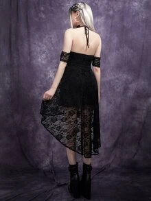 Gothic Tie Back Off Shoulder High Low Hem Lace Dress - Black - View 2