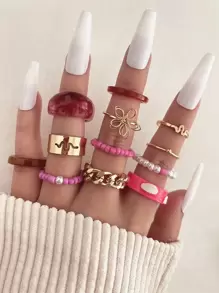 12pcs Faux Pearl & Flower Decor Ring - Multicolor - View 1