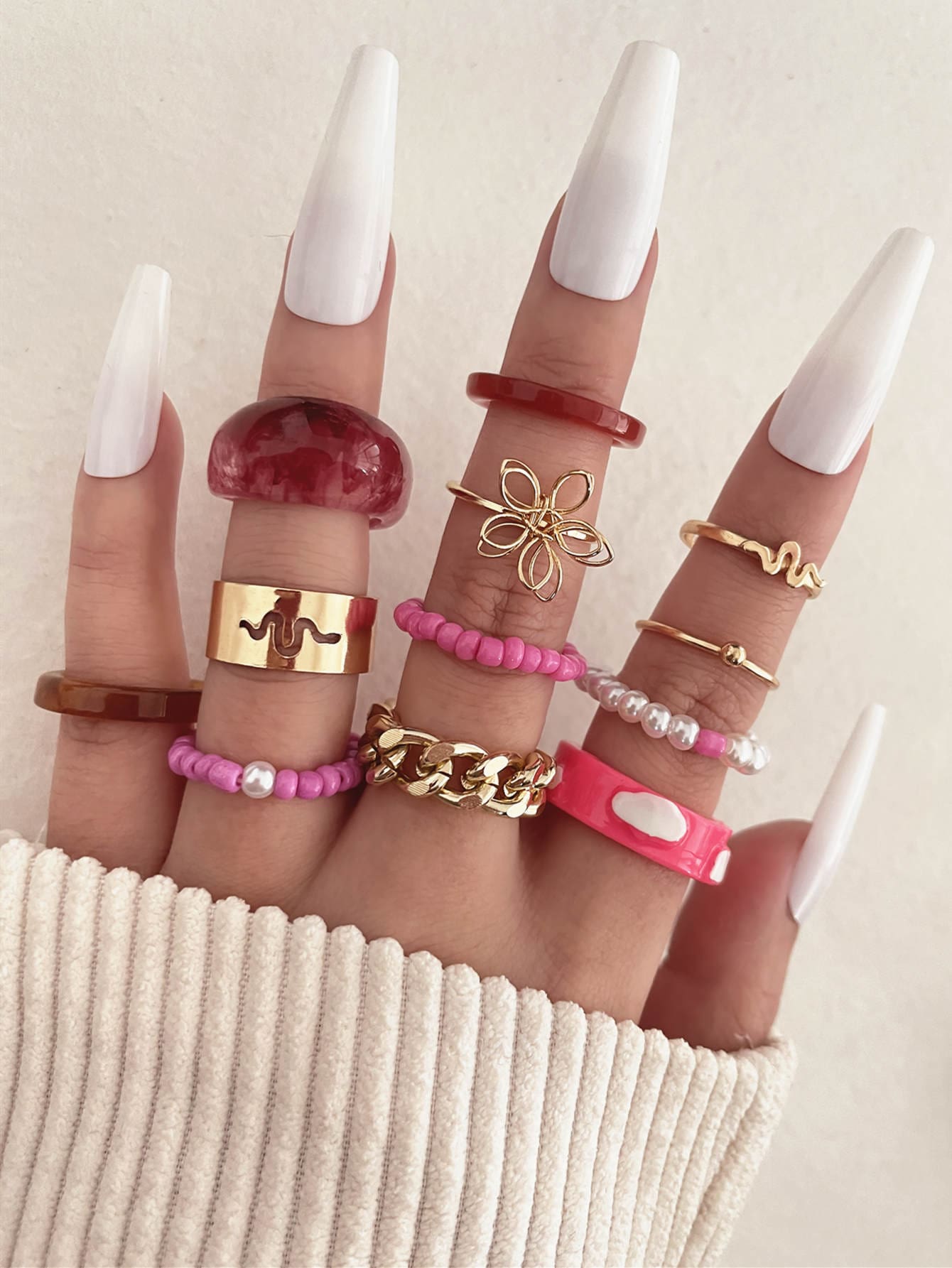 12pcs Faux Pearl & Flower Decor Ring - Multicolor - View 1