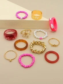 12pcs Faux Pearl & Flower Decor Ring - Multicolor - View 2