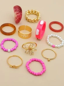 12pcs Faux Pearl & Flower Decor Ring - Multicolor - View 3