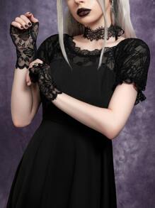 Vestido gótico con encaje en contraste de cuello redondo - Negro - Ver 3