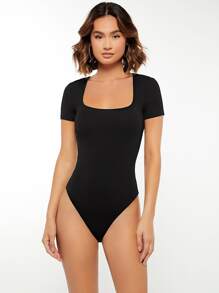 SHEIN BASICS Solid Scoop Neck Bodysuit - Black - View 1