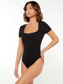 SHEIN BASICS Solid Scoop Neck Bodysuit - Black - View 5