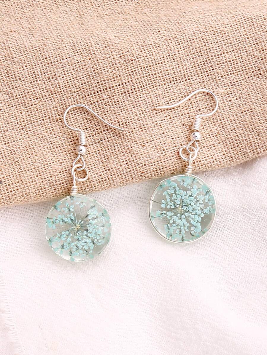 Dried Flower Detail Round Drop Earrings - Baby Blue - View 1