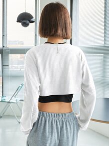 DAZY 螺紋針織前短後長落肩袖上衣不附抹胸 - 白色 - 查看 2