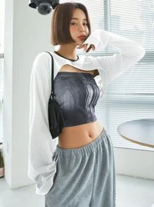 DAZY 螺紋針織前短後長落肩袖上衣不附抹胸 - 白色 - 查看 3