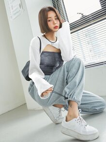 DAZY 螺紋針織前短後長落肩袖上衣不附抹胸 - 白色 - 查看 5