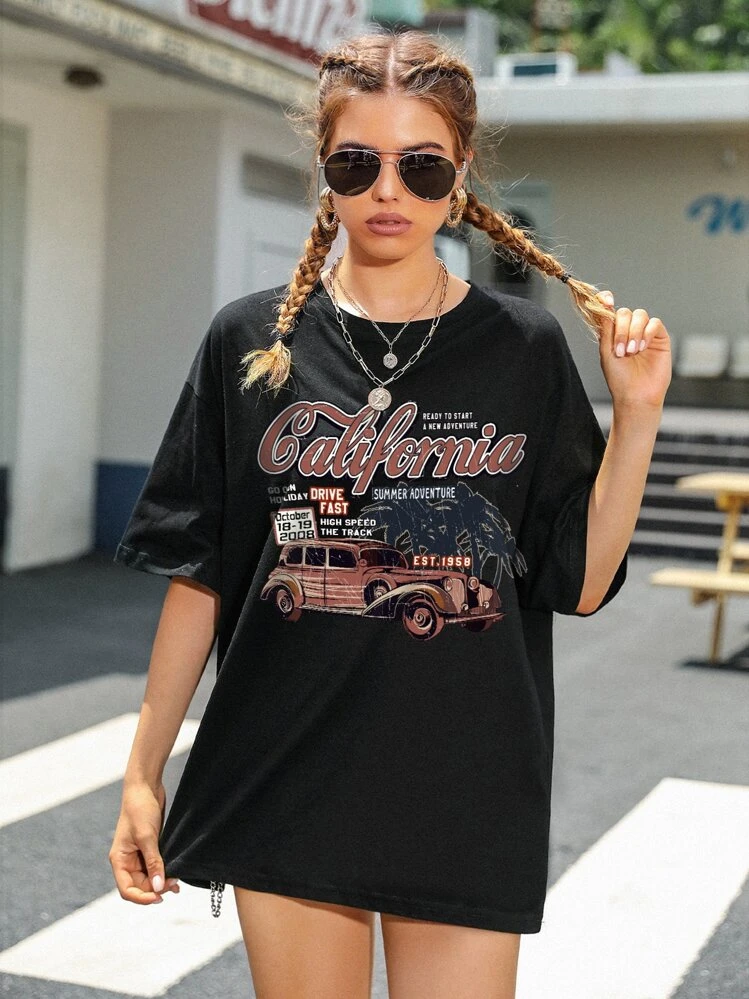 SHEIN EZwear 車とロゴグラフィック ドロップショルダー オーバー