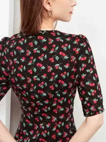 Cherry Print Puff Sleeve Dress - Multicolor - View 2