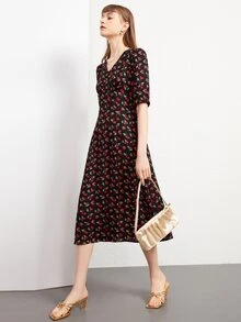 Cherry Print Puff Sleeve Dress - Multicolor - View 3