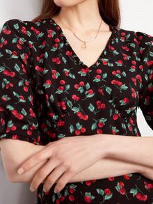 Cherry Print Puff Sleeve Dress - Multicolor - View 5