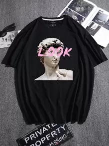 Hombres Camiseta estatua con con estampado de letra - Negro - Ver 1