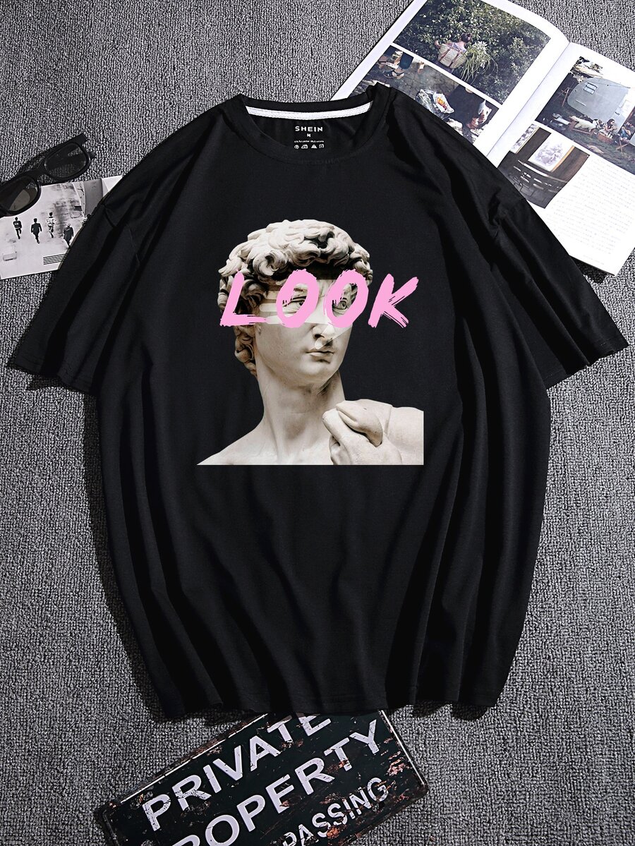 Hombres Camiseta estatua con con estampado de letra - Negro - Ver 1