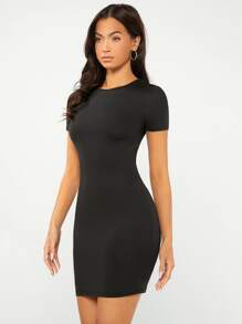 SHEIN BASICS Solid Round Neck Bodycon Dress/Summer - Black - View 4