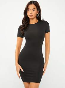 SHEIN BASICS Solid Round Neck Bodycon Dress/Summer - Black - View 5