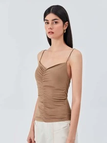 SHEIN Unity Áo hai dây Xù màu trơn Thanh lịch - Lạc đà - Xem 1