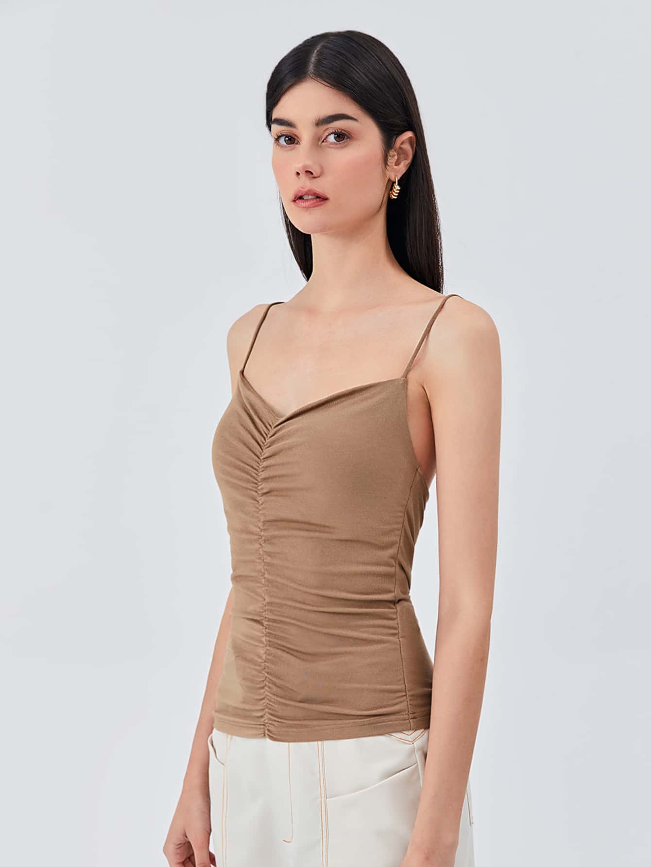 SHEIN Unity Áo hai dây Xù màu trơn Thanh lịch - Lạc đà - Xem 1