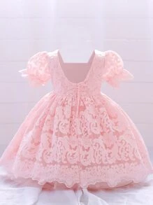 少女蕾丝缎面薄纱连衣裙，优雅连衣裙，适合上学、户外派对等场合。 - 淺粉色 - 查看 3