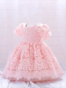 少女蕾丝缎面薄纱连衣裙，优雅连衣裙，适合上学、户外派对等场合。 - 淺粉色 - 查看 4