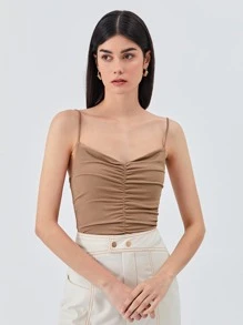 SHEIN Unity Áo hai dây Xù màu trơn Thanh lịch - Lạc đà - Xem 4