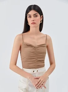 SHEIN Unity Áo hai dây Xù màu trơn Thanh lịch - Lạc đà - Xem 5