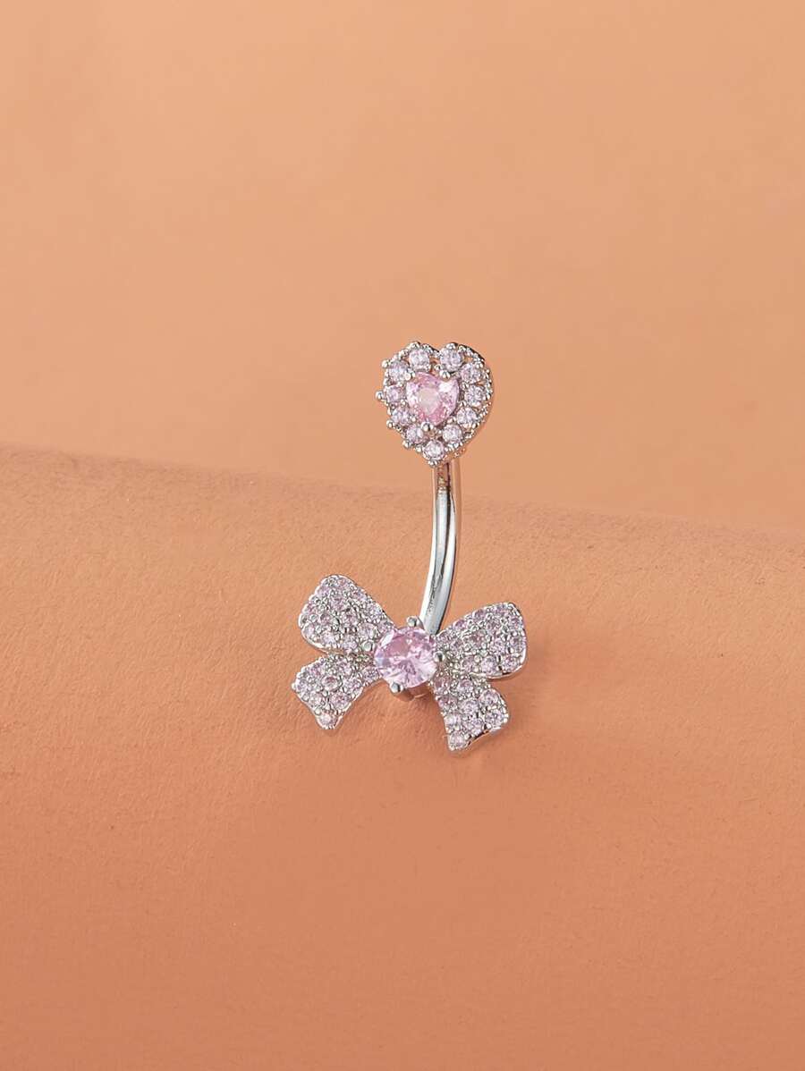 方晶锆石蝴蝶结和心形装饰肚脐环不锈钢水晶朋克穿孔 - 适合任何情人节场合的时尚身体珠宝礼物 - 彩色 - 查看 1