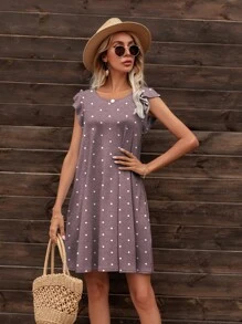 DEARCASE Vestido estilo camiseta de lunares ribete con fruncido - Púrpura malva - Ver 1