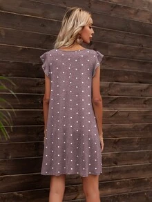 DEARCASE Vestido estilo camiseta de lunares ribete con fruncido - Púrpura malva - Ver 2