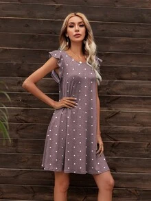 DEARCASE Vestido estilo camiseta de lunares ribete con fruncido - Púrpura malva - Ver 4