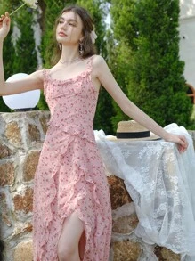 小碎花荷葉邊荷葉邊吊帶連衣裙 - 彩色 - 查看 2