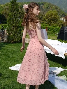 小碎花荷葉邊荷葉邊吊帶連衣裙 - 彩色 - 查看 3