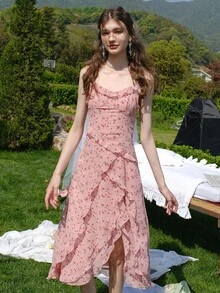 小碎花荷葉邊荷葉邊吊帶連衣裙 - 彩色 - 查看 4