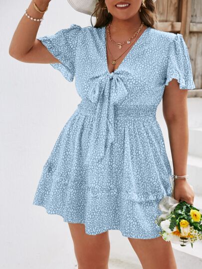 Simplee Plus Allover Print Knot Front Shirred Frill Trim Dress