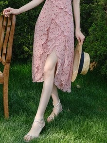 小碎花荷葉邊荷葉邊吊帶連衣裙 - 彩色 - 查看 9