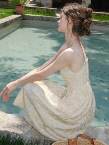 花卉圖案提花緊身吊帶洋裝