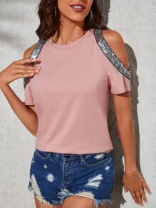 SHEIN Clasi Camiseta con lentejuela en contraste de hombros descubiertos - Rosa vieja - Ver 1