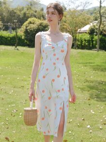 Vestido con estampado floral ribete con fruncido fruncido de muslo con abertura - Blanco - Ver 1