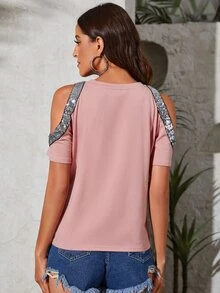 SHEIN Clasi Camiseta con lentejuela en contraste de hombros descubiertos - Rosa vieja - Ver 2