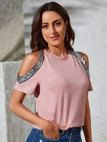 SHEIN Clasi Camiseta con lentejuela en contraste de hombros descubiertos - Rosa vieja - Ver 4